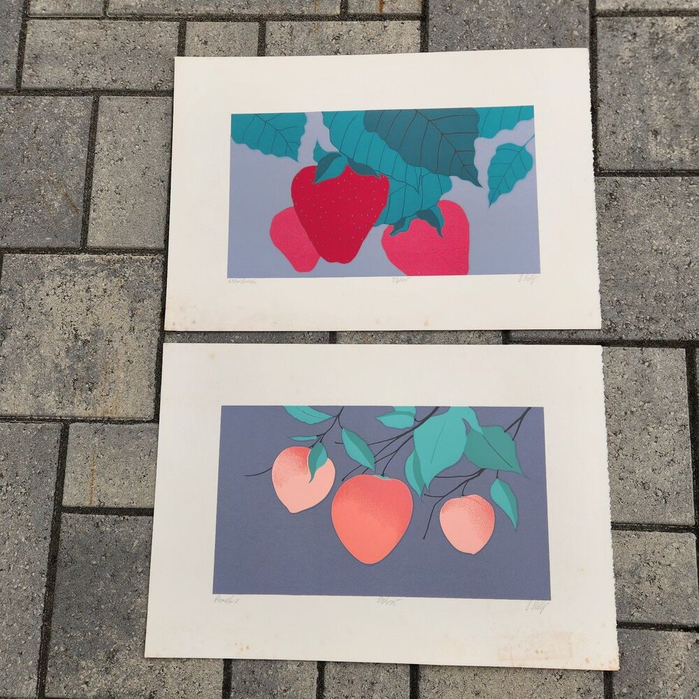 Modern Minimalist Fruit Wall Art Prints Set of 2 Strawberries Peaches Muted Boho